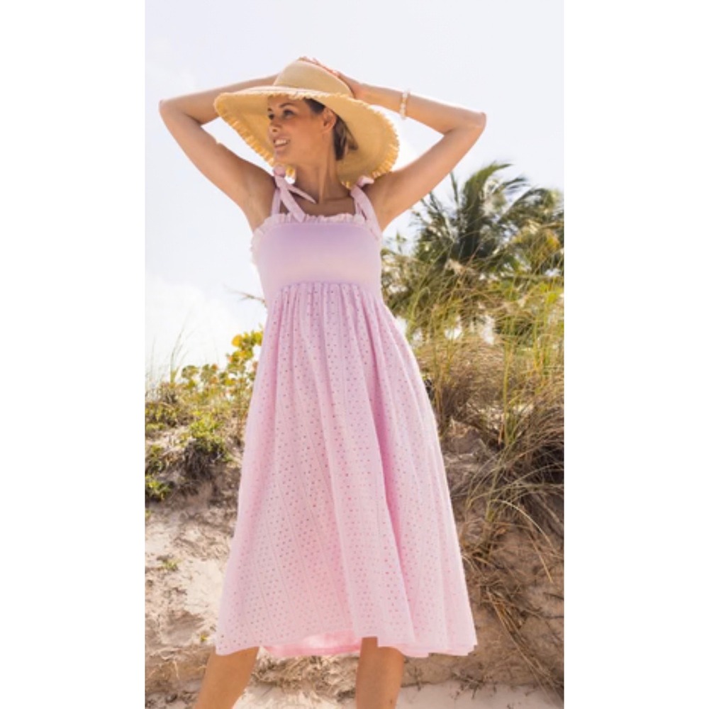 Cabana life pink eyelet midi dress tie shoulder straps Smocked bodice small